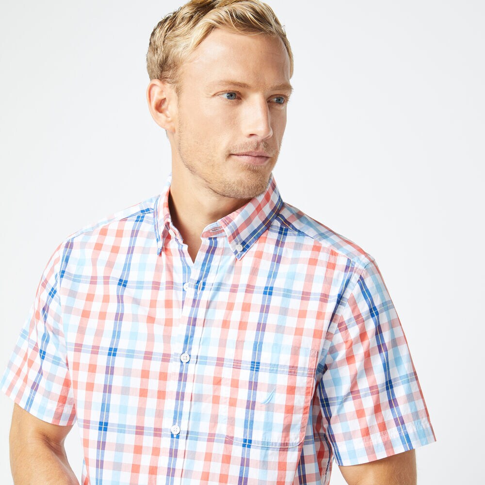  SHORT SLEEVE MULTICOLOR PLAID SHIRT,Coral Dream,large