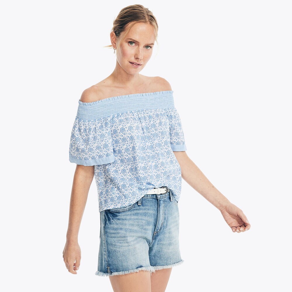 Printed Smocked Tank Top,Bright White,large