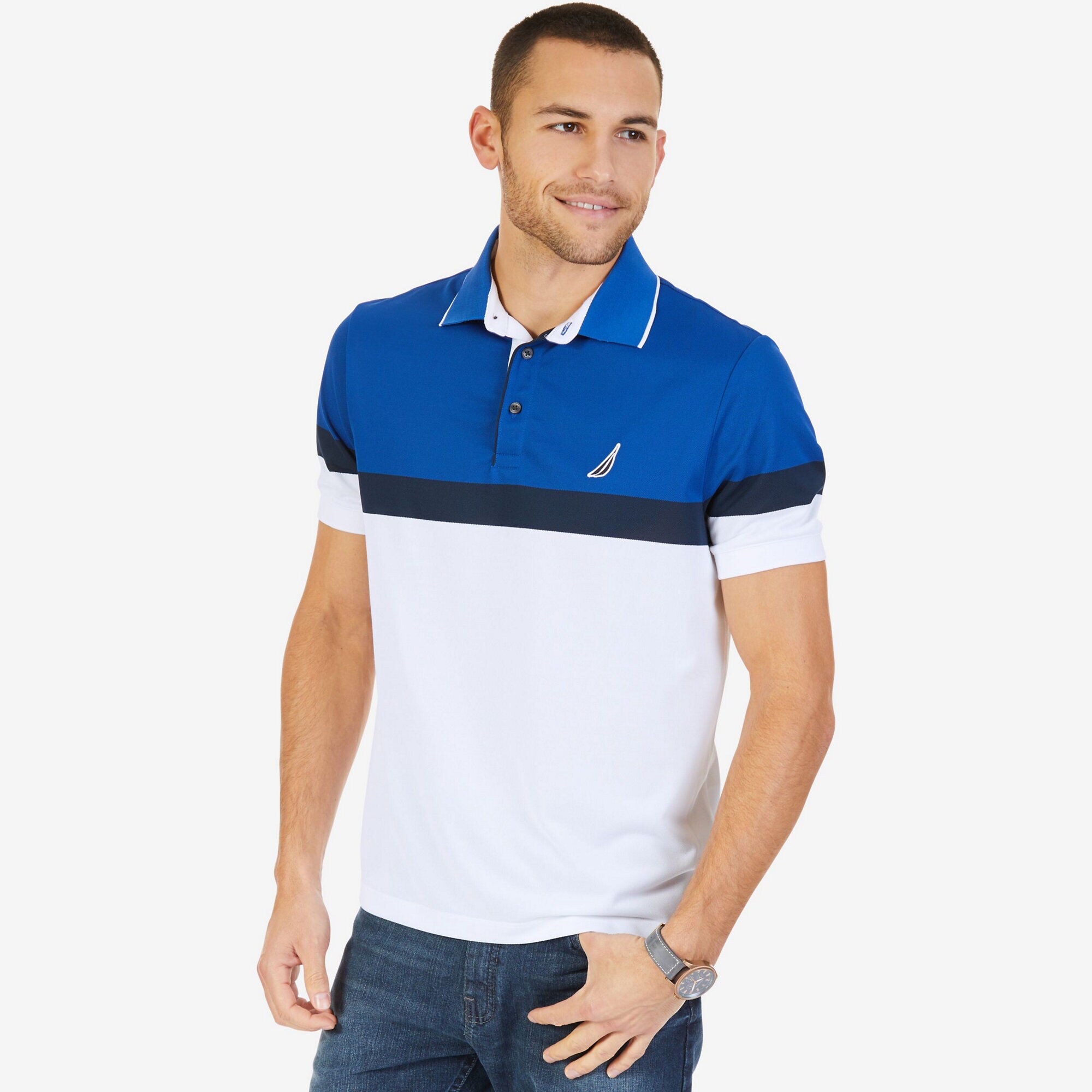 Colorblock Performance Polo Shirt,Bright White,large