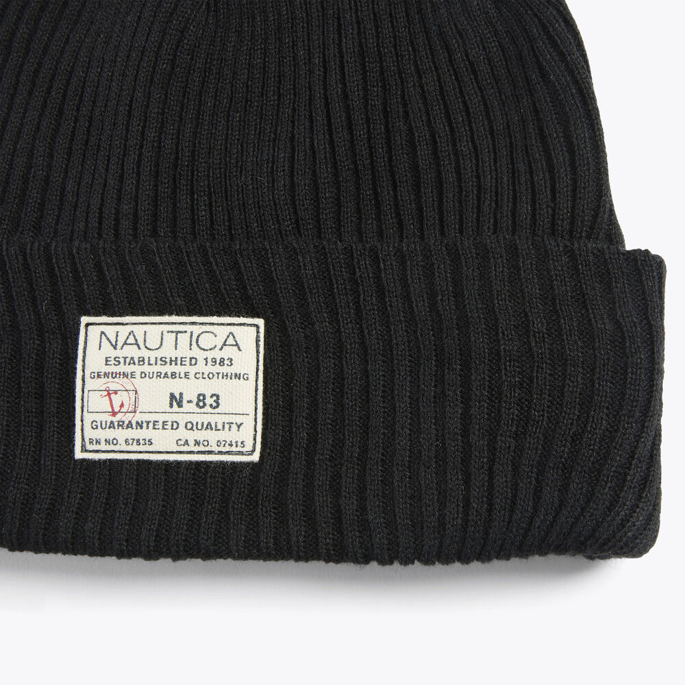 Rib-Knit Pom Hat,True Black,large