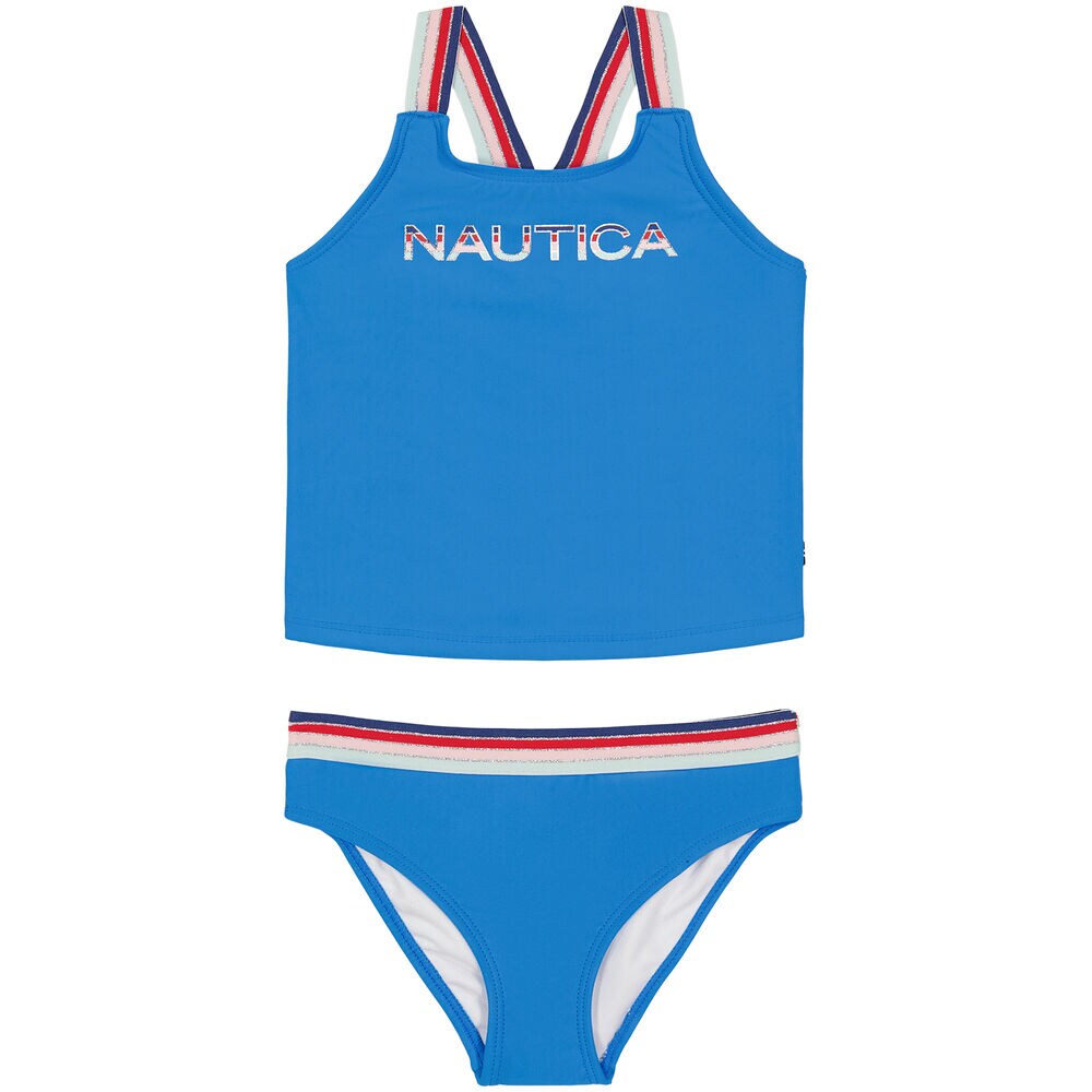 GIRLS' MULTICOLOR STRIPED LOGO AND STRAP TANKINI (8-16),Surf Water Wash,large