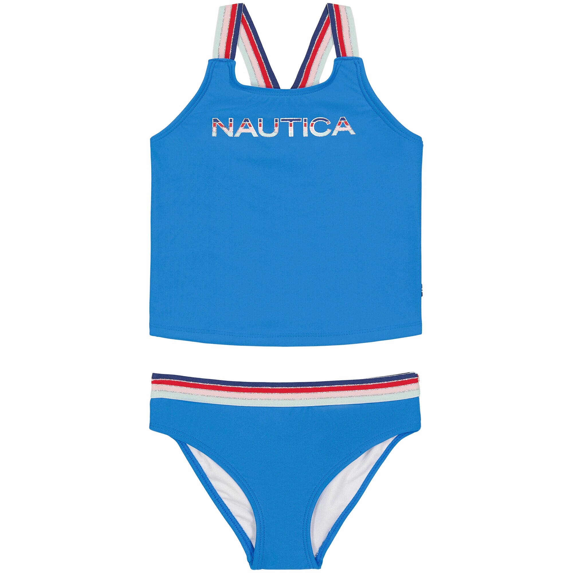 GIRLS' MULTICOLOR STRIPED LOGO AND STRAP TANKINI (8-16),Surf Water Wash,large