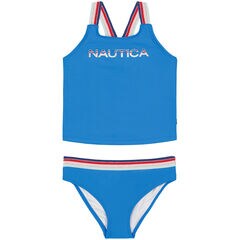 GIRLS' MULTICOLOR STRIPED LOGO AND STRAP TANKINI (8-16),Surf Water Wash,large