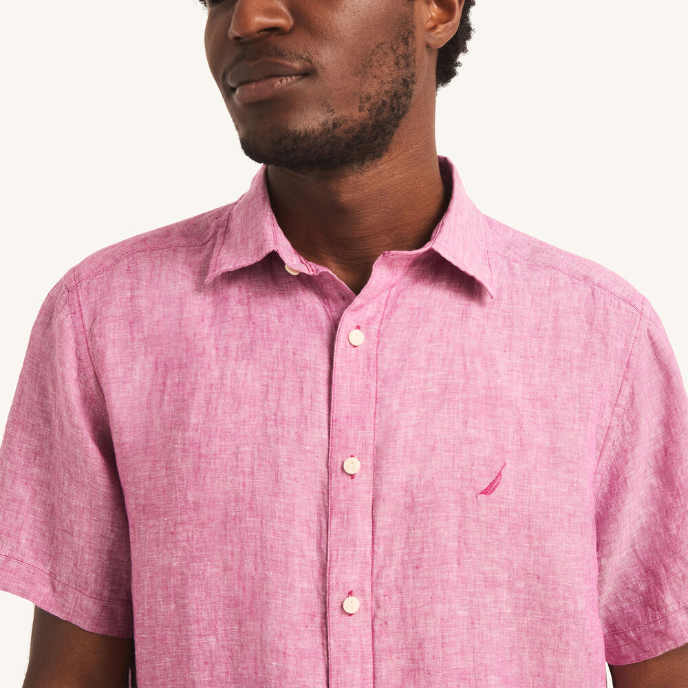 Solid Linen Short-Sleeve Shirt,Aren/Mauve,large