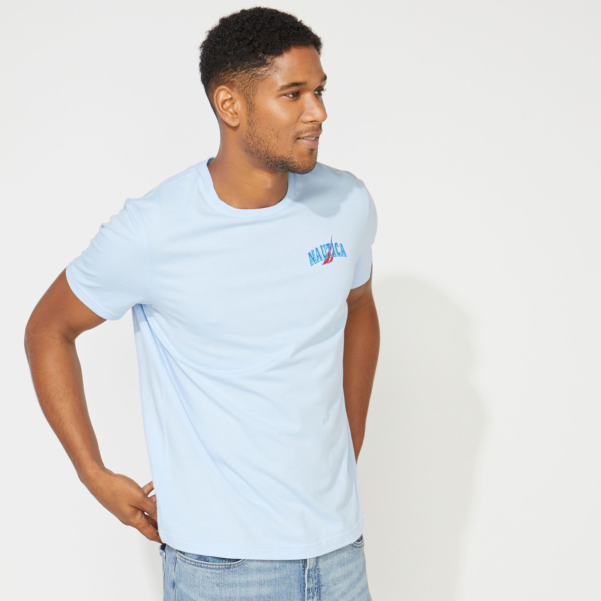 BIG & TALL SAILOR PRINT T-SHIRT,Azure Blue,large