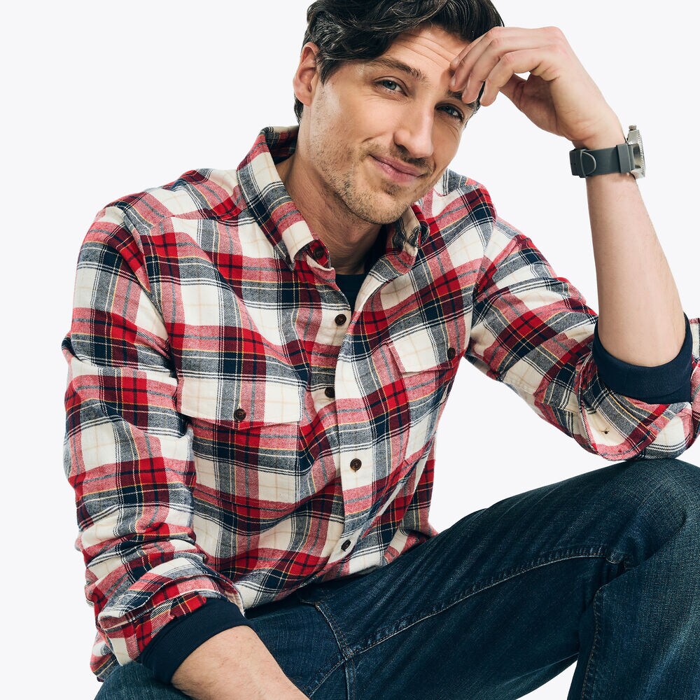 Plaid Flannel Shirt,Almond,large