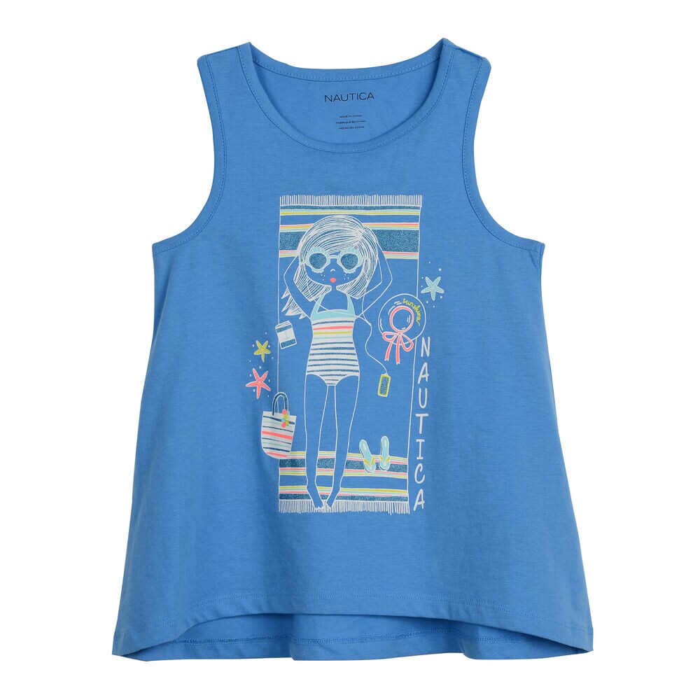 GIRLS' TANK IN TOWEL GIRL GRAPHIC,Atlantic Blue,large