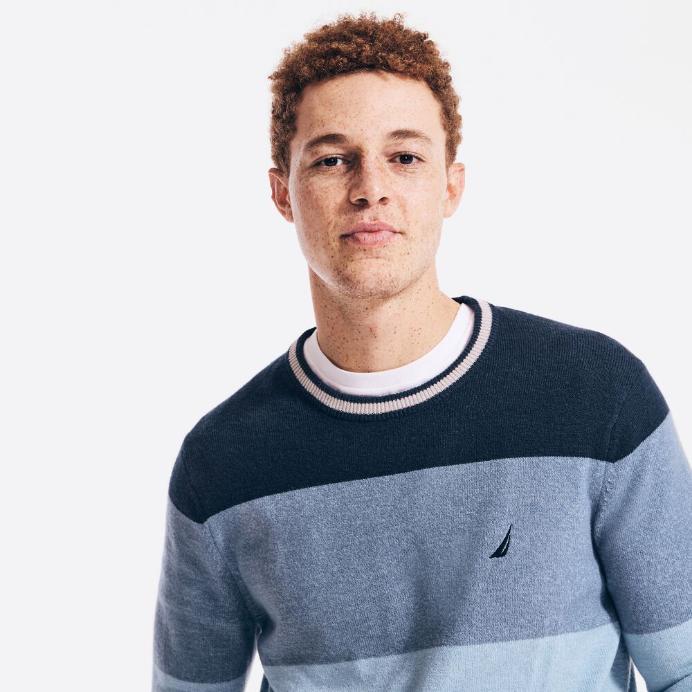 SUSTAINABLY CRAFTED COLORBLOCK SWEATER,Navy,large