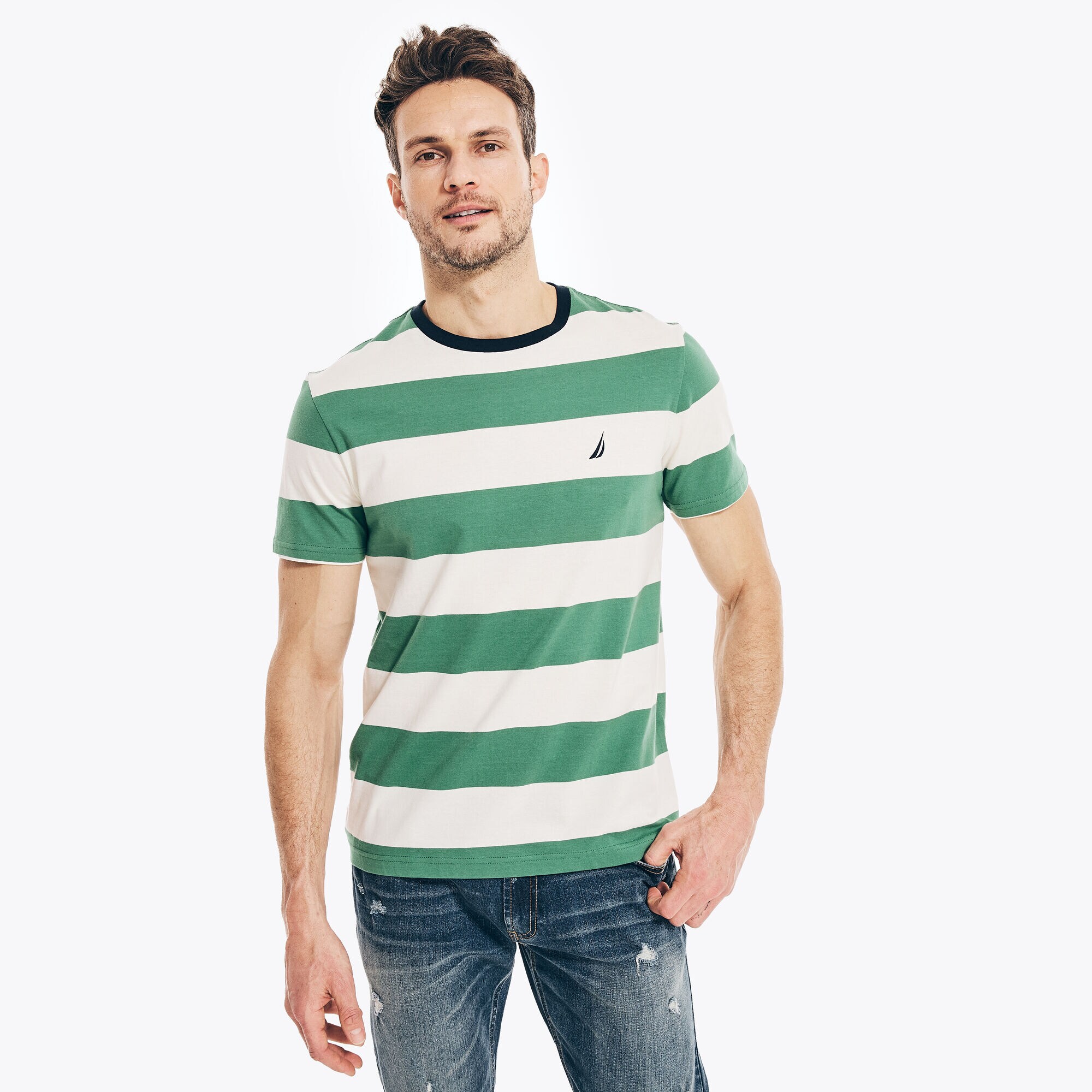 STRIPED CREWNECK T-SHIRT,Bright Willow,large