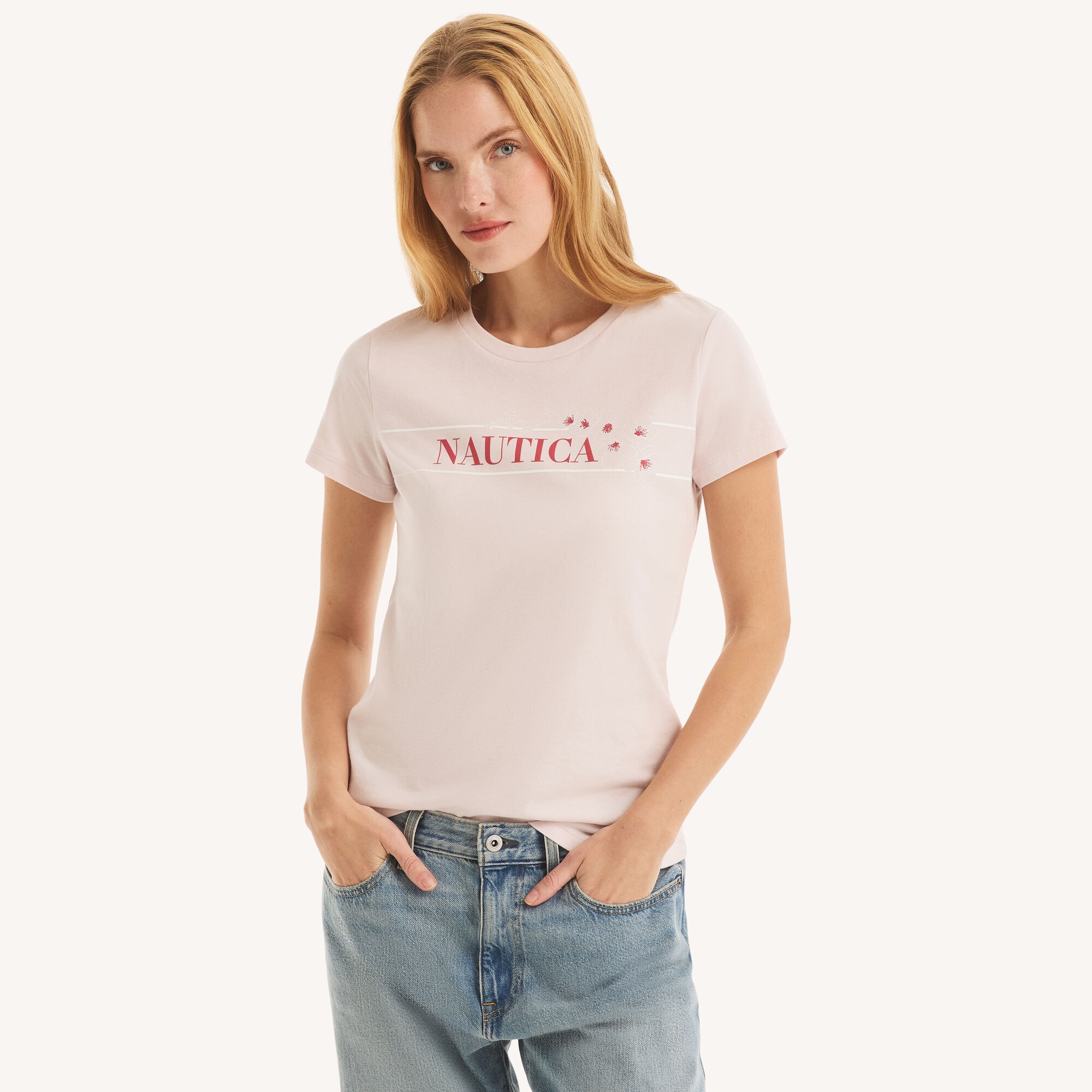 Beaded Logo Floral Graphic T-Shirt,Pale Pink,large