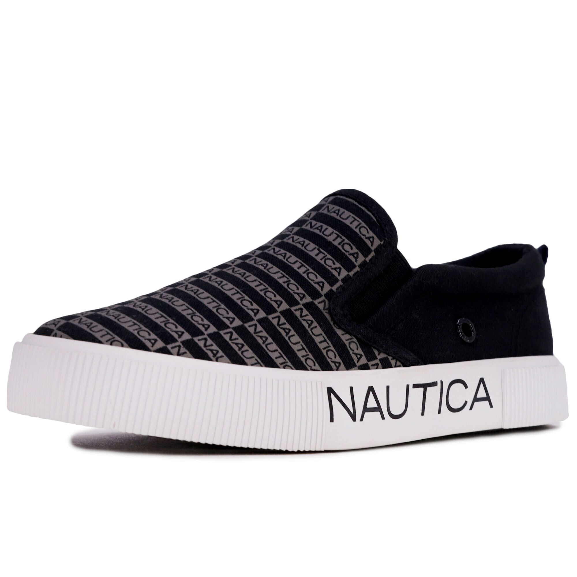 BOYS' BLOCK LOGO SLIP-ON BOAT SHOE,Black,large