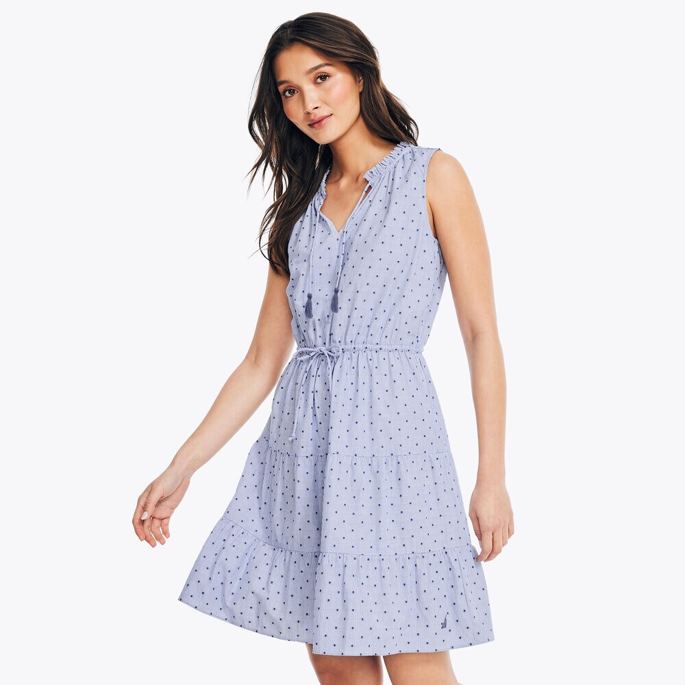 Striped Clip Dot Tiered Dress,Bright White,large