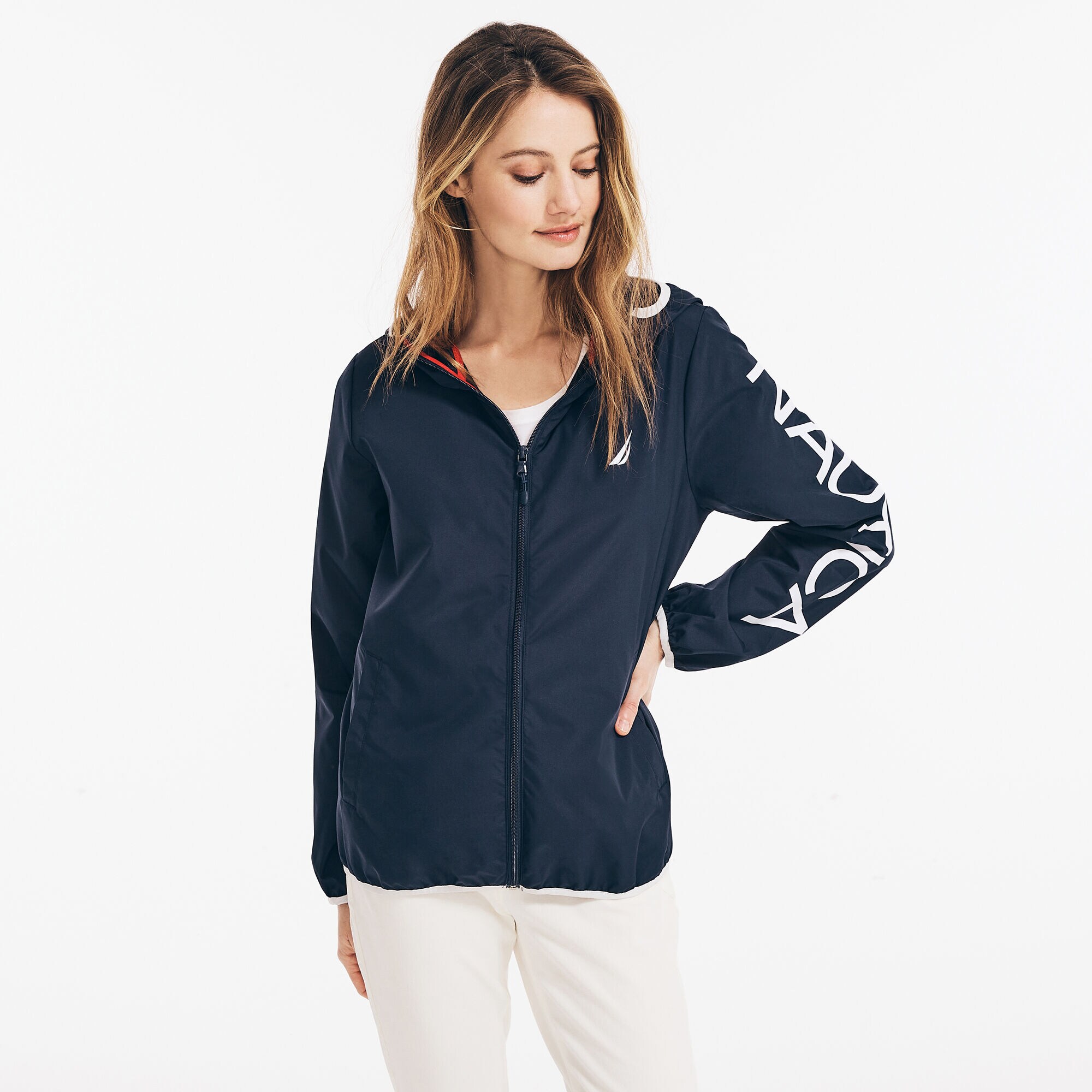 PACKABLE LOGO GRAPHIC HOODED WINDBREAKER,Stellar Blue Heather,large