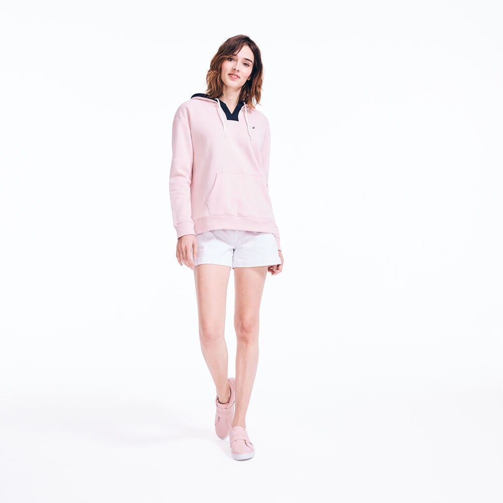 SPLIT NECK PULLOVER HOODIE,New Pink,large