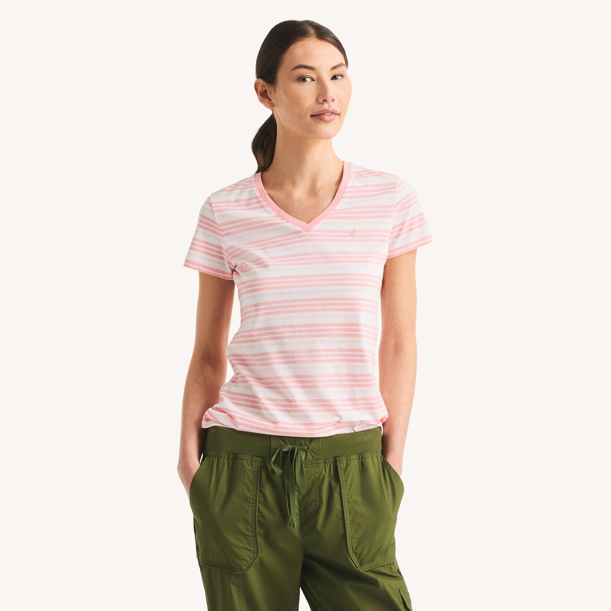 Striped V-Neck T-Shirt,Camellia Rose,large