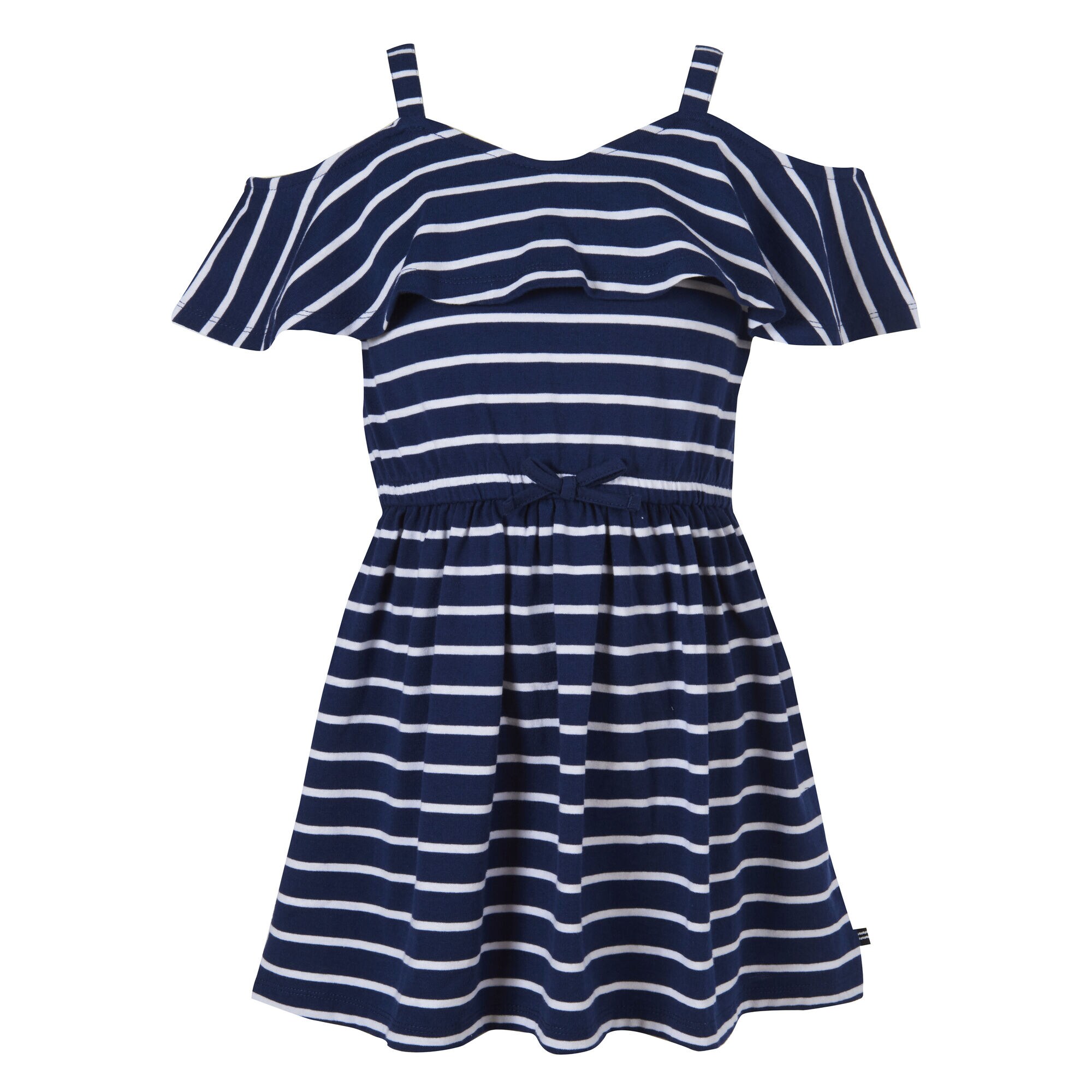 GIRLS' STRIPED COLD SHOULDER DRESS (8-20),Aqua Isle,large