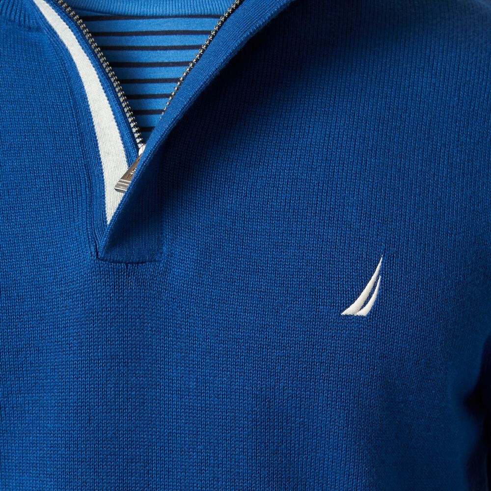 STRIPED-TRIM QUARTER-ZIP SWEATER,Estate Blue,large