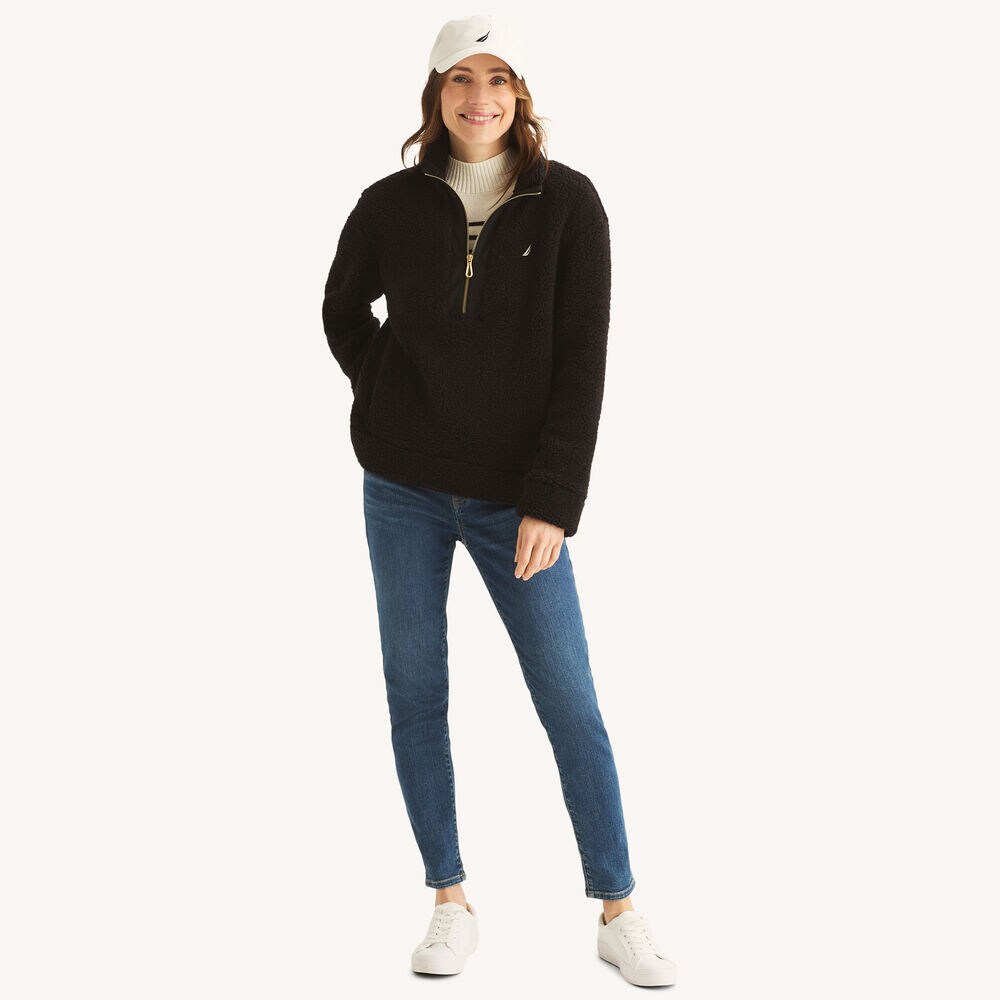 Quarter-Zip Faux Shearling Pullover,True Black,large