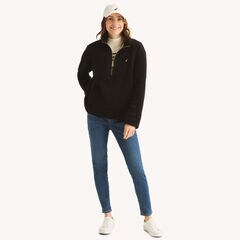 Quarter-Zip Faux Shearling Pullover,True Black,large