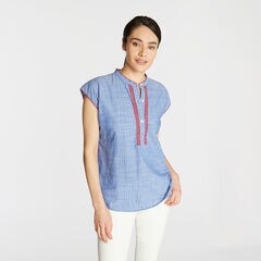 EMBROIDERED COTTON BLOUSE IN YARN DYED STRIPE,Deep Navy Heather,large