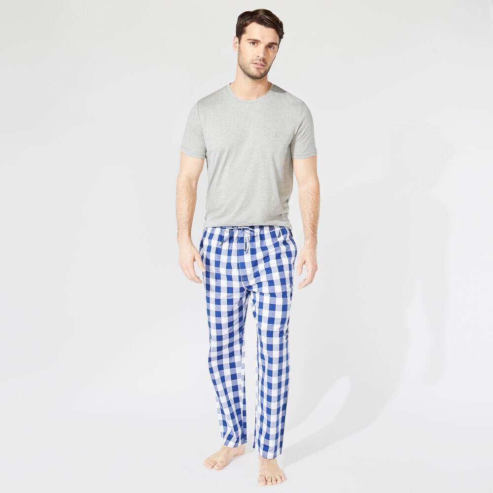 CLASSIC FIT SHORT SLEEVE GINGHAM PANT PAJAMA SET,Grey Heather,large