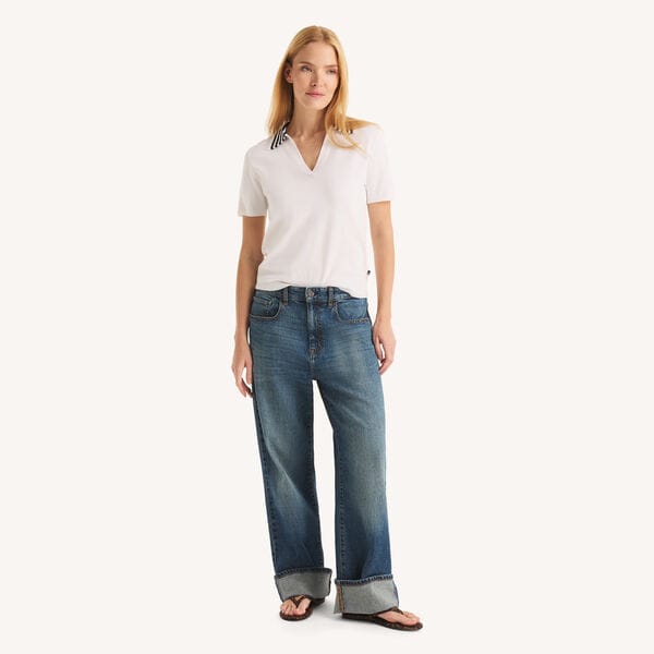 Scallop-Trim Johnny Collar Short-Sleeve Sweater