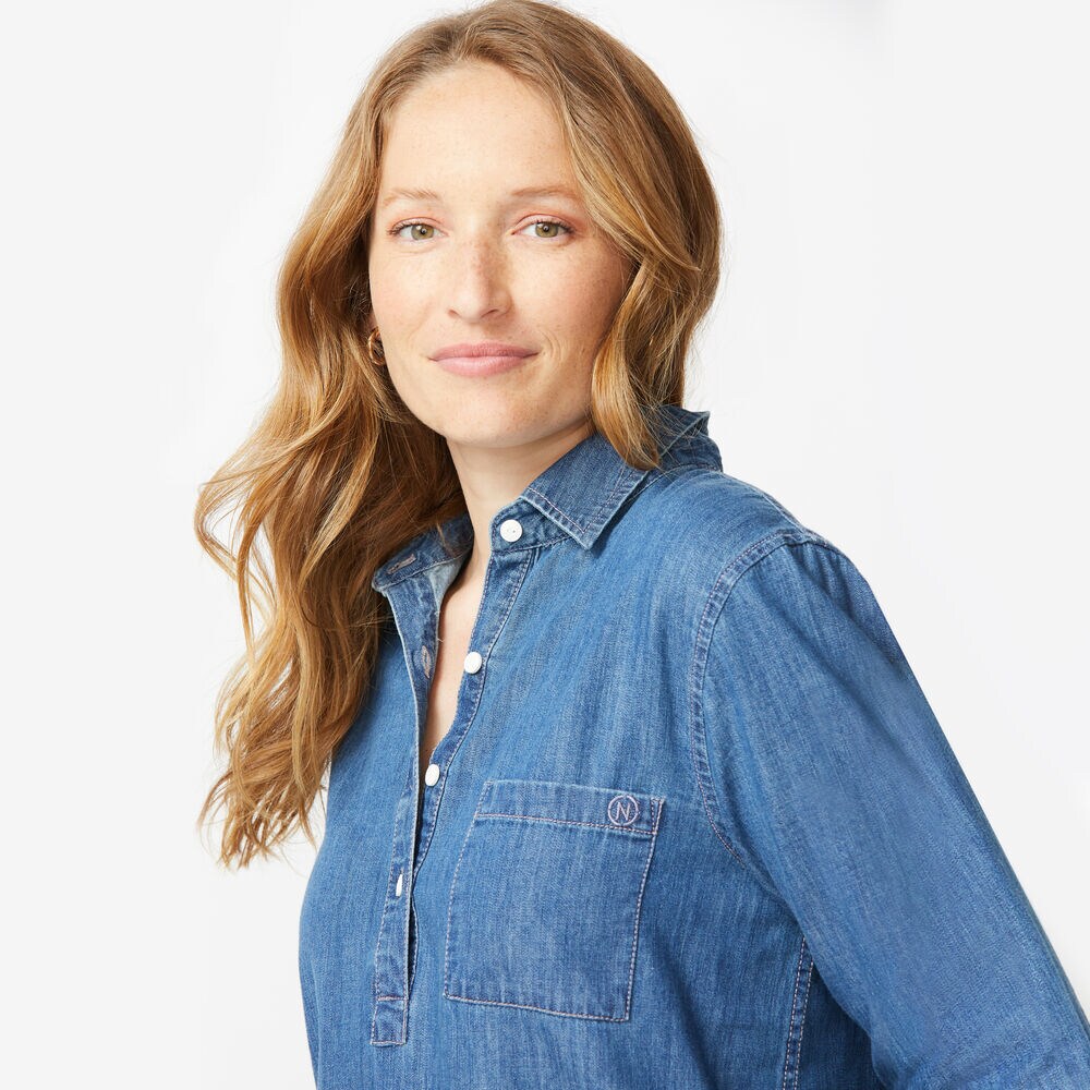 NAUTICA JEANS CO. LONG SLEEVE DENIM POPOVER BOYFRIEND SHIRT,Varsity Blue Wash,large
