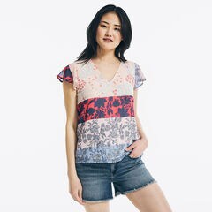 FLORAL PRINT CHIFFON RUFFLE-SLEEVE TOP,Nautica Blue,large