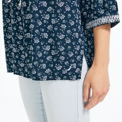 FLORAL EMBROIDERED THREE-QUARTER SLEEVE TOP,Stellar Blue Heather,large