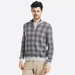 SUSTAINABLY CRAFTED PLAID QUARTER-ZIP SWEATER,Cliff Grey,large