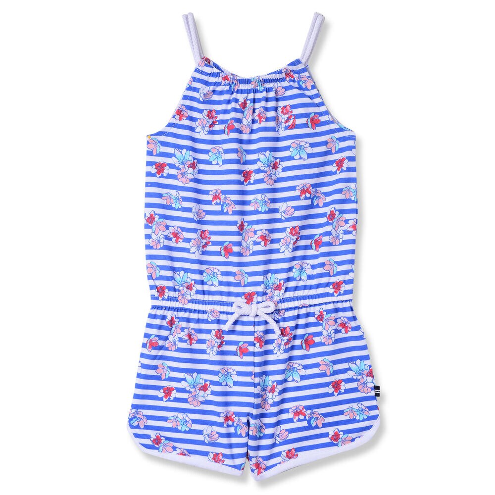 Toddler Girls' Floral + Striped Jersey Romper (2T-4T),Classic Blue,large