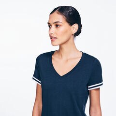 RIB-TRIM V-NECK TOP,Stellar Blue Heather,large