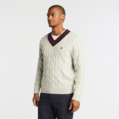 V-NECK CABLE-KNIT SWEATER,Grey Heather,large