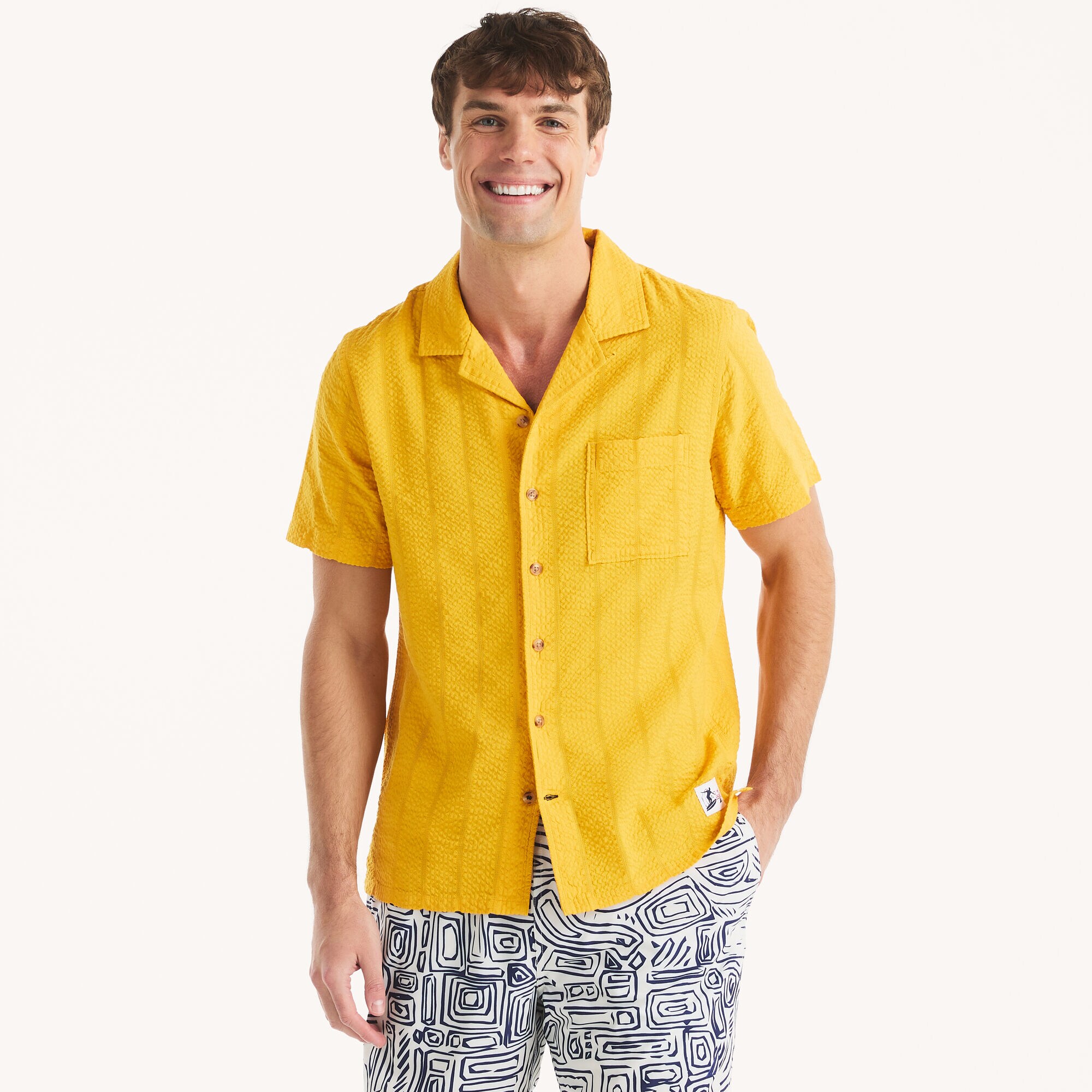 Beach Boys x Nautica Short-Sleeve Seersucker Camp Shirt,Old Gold,large