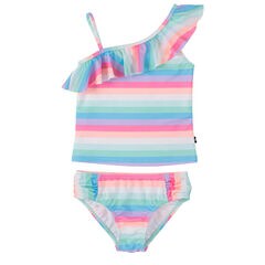 GIRLS' STRIPED RUFFLE TANKINI (7-16),Firey Red,large