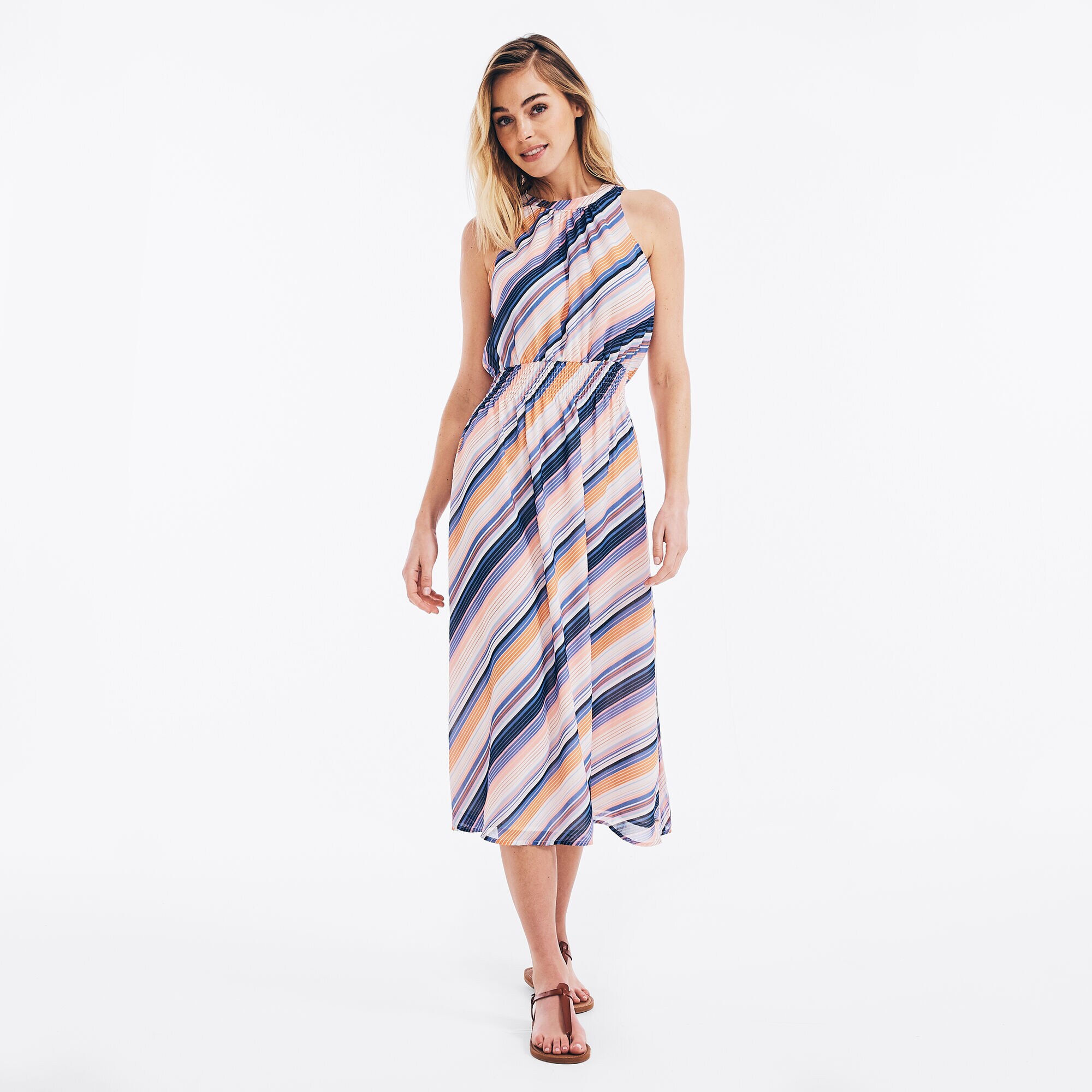 CHIFFON STRIPED MIDI DRESS,Cobalt Wave,large