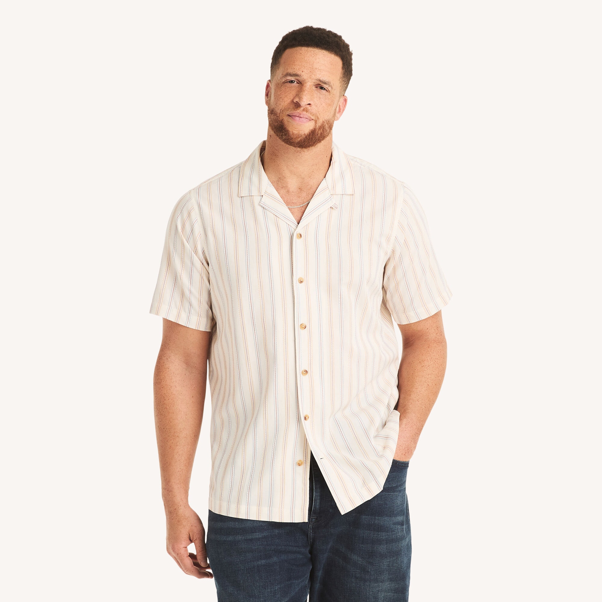 Big & Tall Striped Short-Sleeve Camp Shirt,Sail White,large