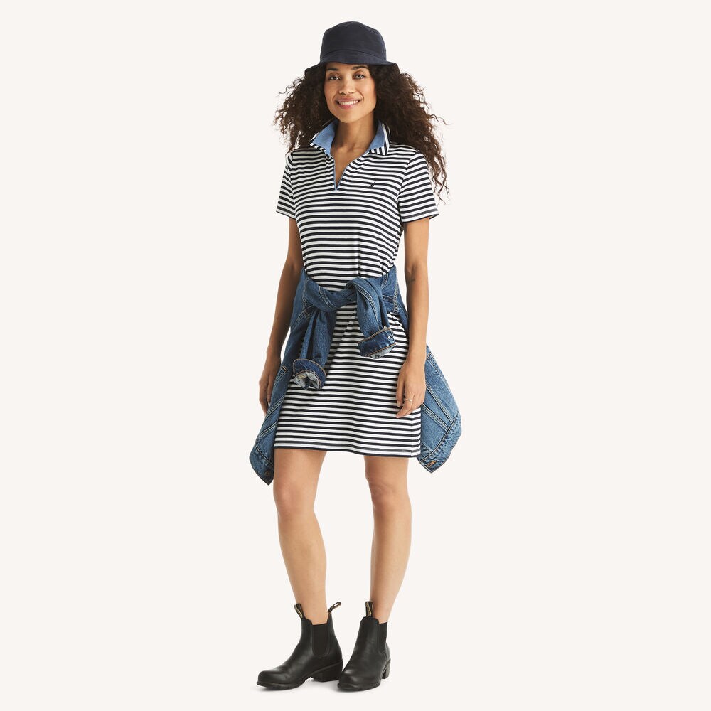 Striped Short-Sleeve Collared Dress,Navy,large