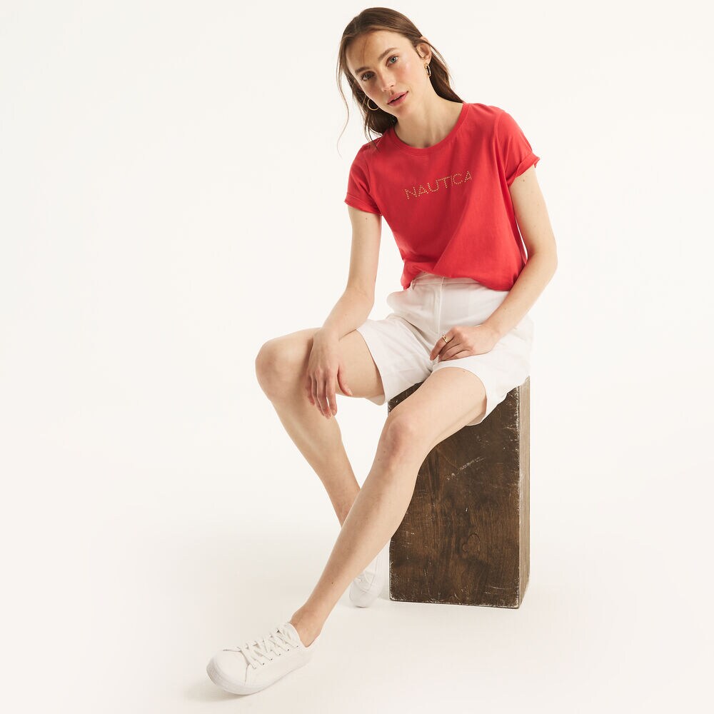 Studded Logo Crewneck T-Shirt,Tomato,large