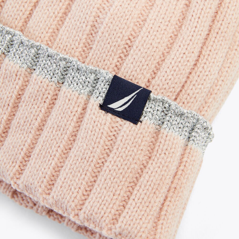Ribbed Metallic-Tipped Beanie,Petal,large