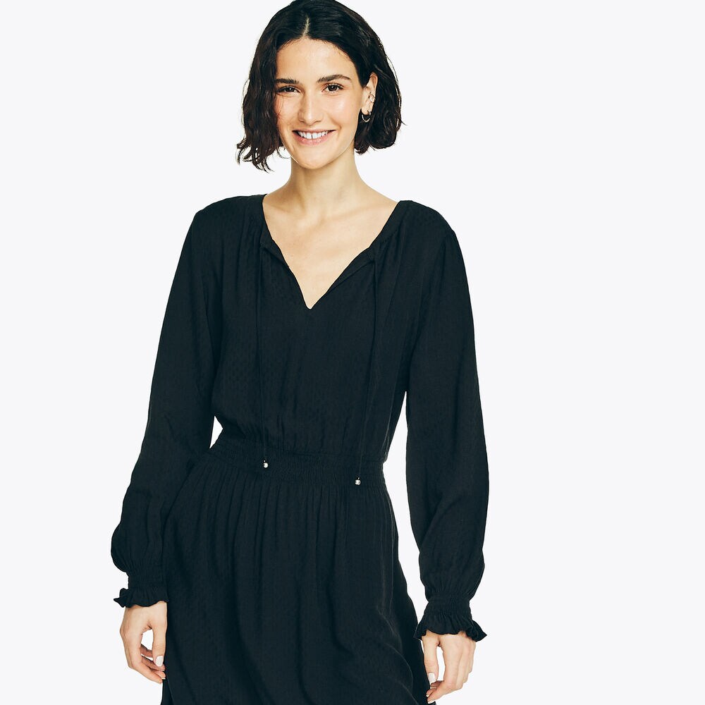 SMOCKED-WAIST DRESS,True Black,large
