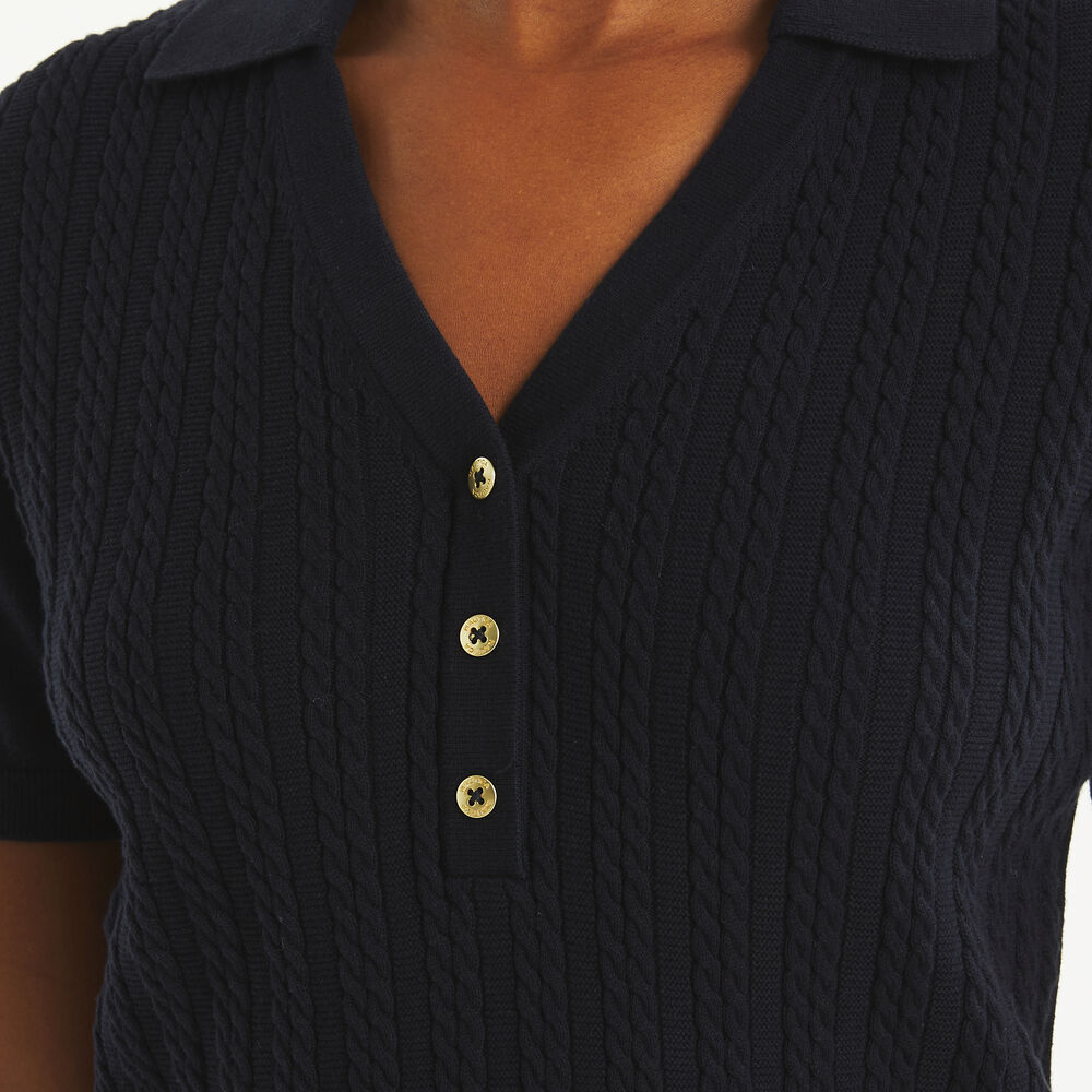 Cable-Knit Johnny Collar Sweater,Navy,large