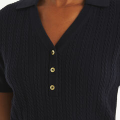 Cable-Knit Johnny Collar Sweater,Navy,large