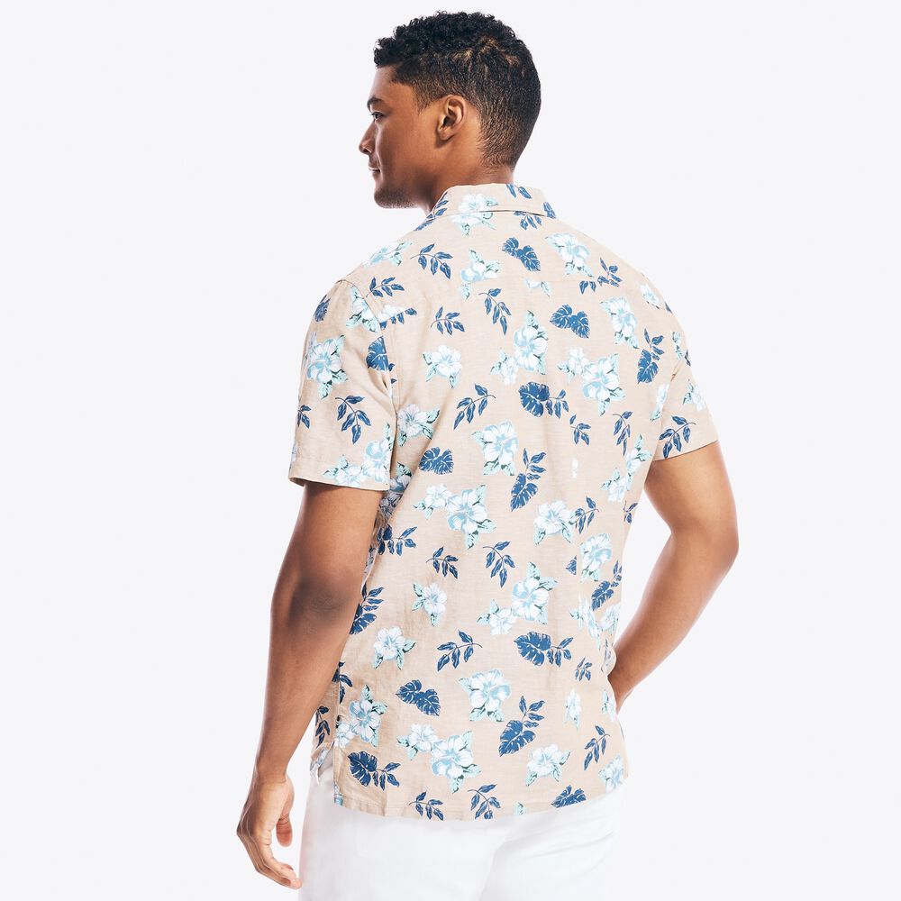 FLORAL PRINT LINEN SHORT-SLEEVE SHIRT,Tuscany Tan,large