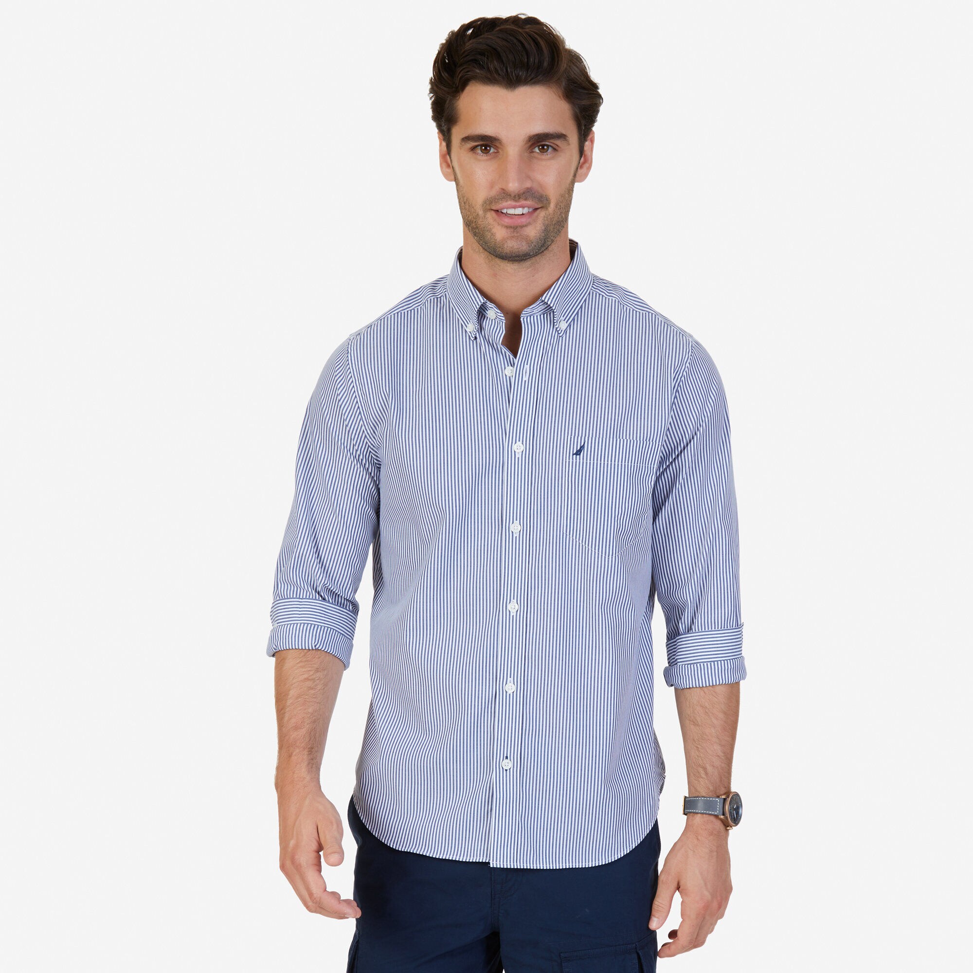Long Sleeve Classic Fit Striped Button Down,J Navy,large