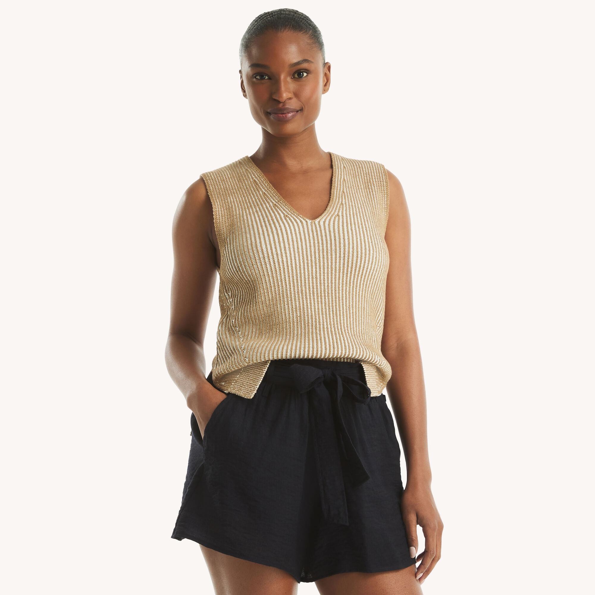 V-Neck Sweater Tank,Coastal Tan,large