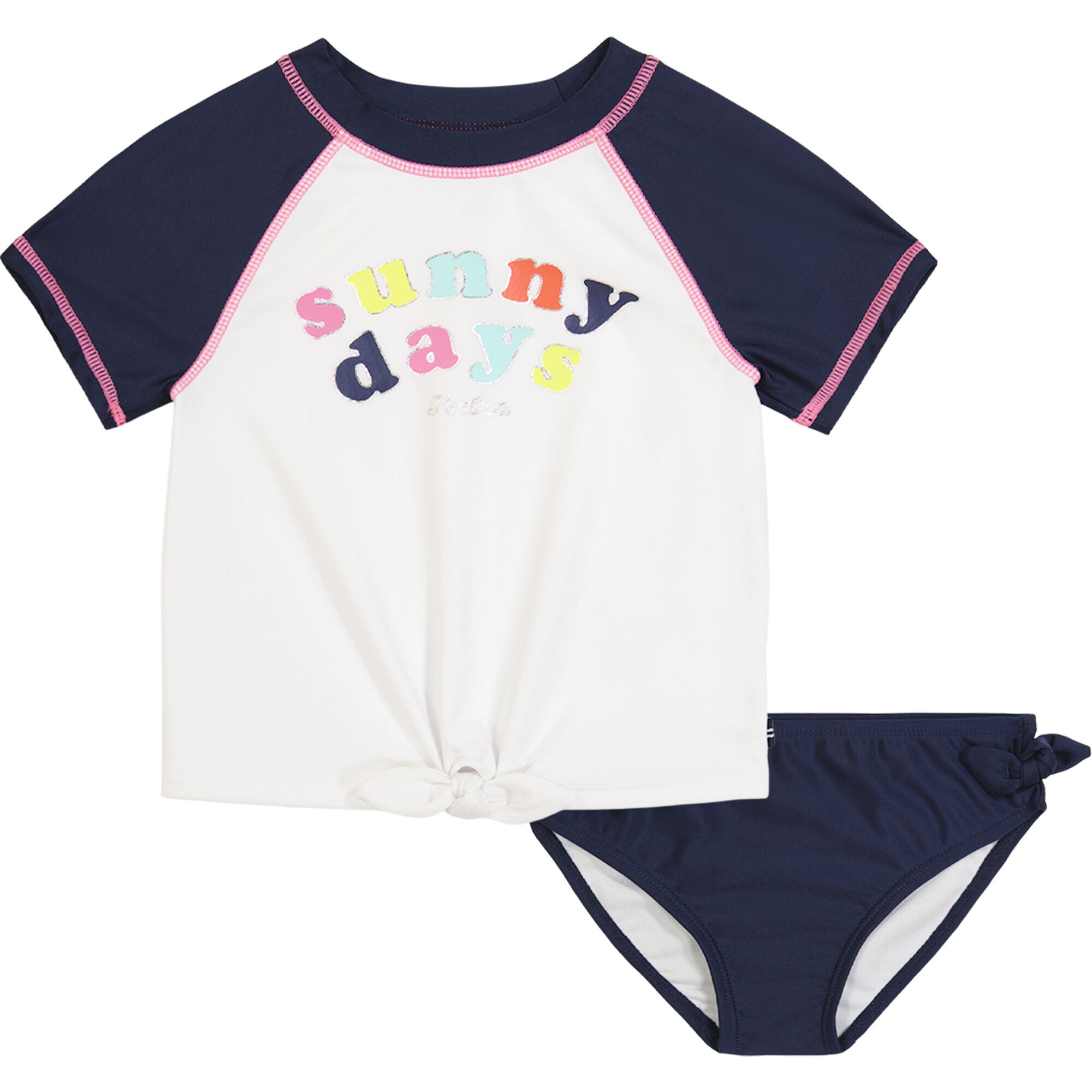 GIRLS' SUNNY DAYS GRAPHIC TIE-FRONT RASH GUARD SET (8-16),Navy,large