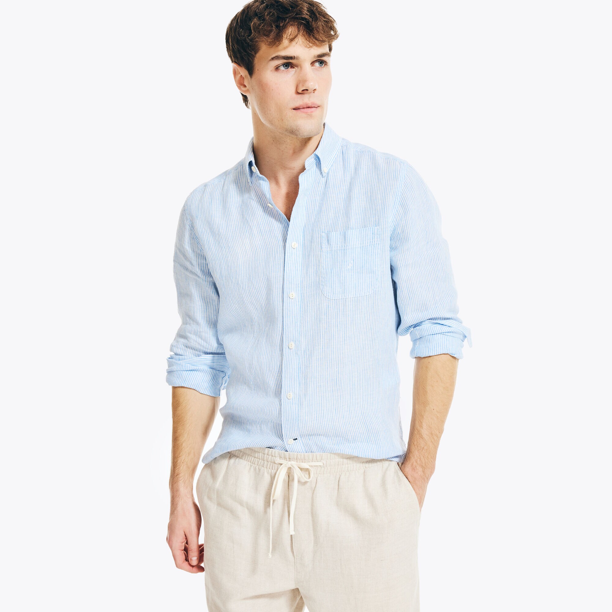 CLASSIC FIT STRIPED LINEN SHIRT,Clear Sky Blue,large