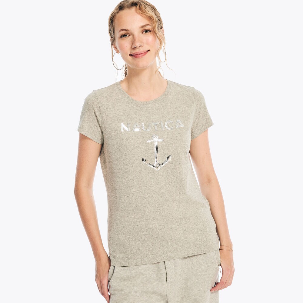 SEQUIN ANCHOR GRAPHIC T-SHIRT,Grey Heather,large