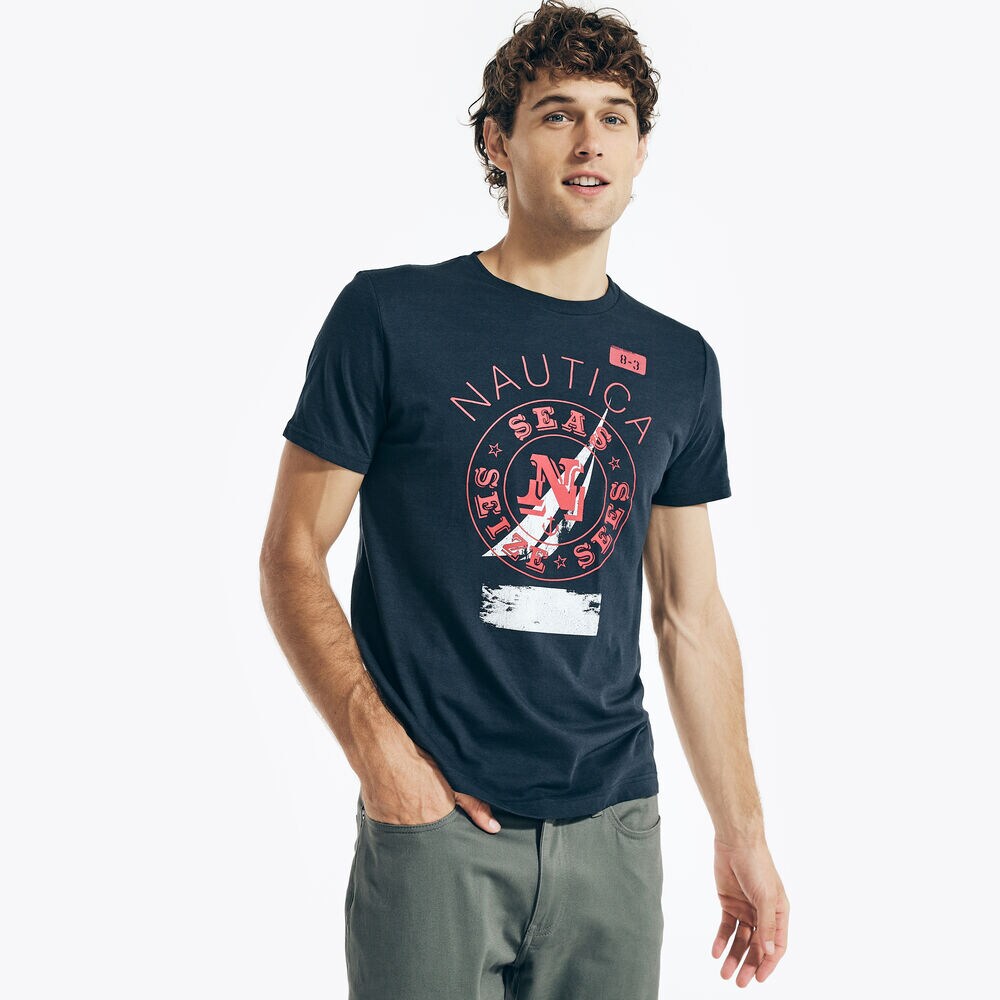 SUSTAINABLY CRAFTED SEAS GRAPHIC T-SHIRT,Navy,large
